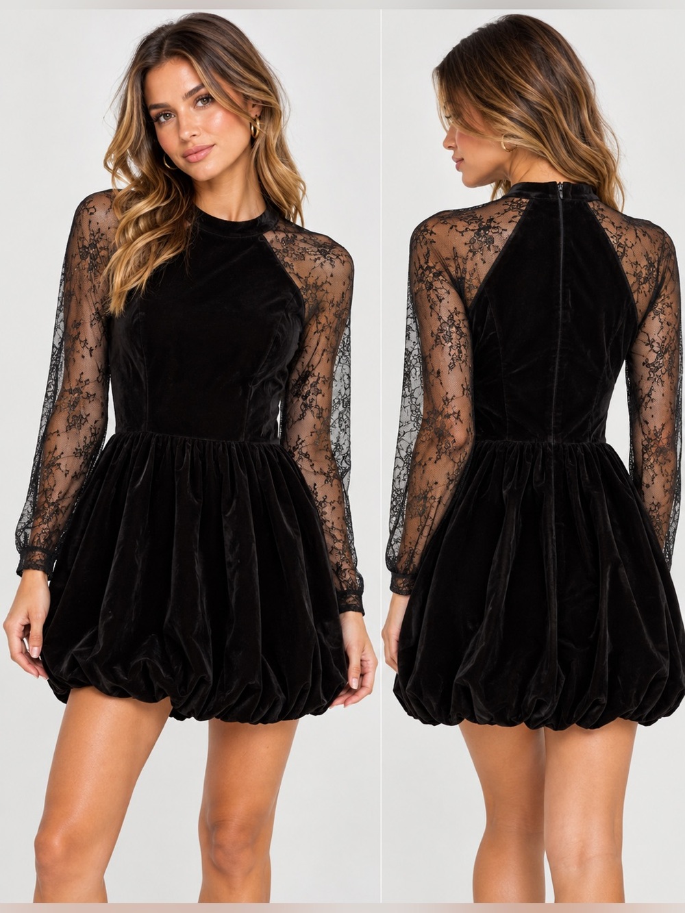 Cider Velvet Mandarin Collar Bubble Hem Lace Mini Dress Black Medium
